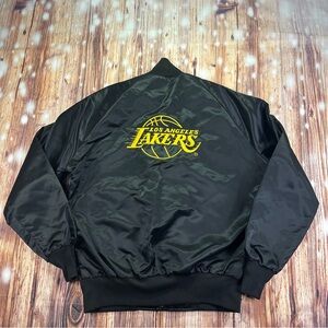 VINTAGE LOS ANGELES L.A. LAKERS BLACK SATIN NYLON BOMBER JACKET Size Medium